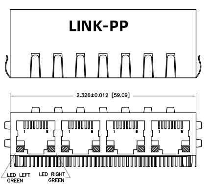 HFJ14-1G01ER-L11RL 1x4 RJ45 Fastjack con 1000 base-T magnéticos