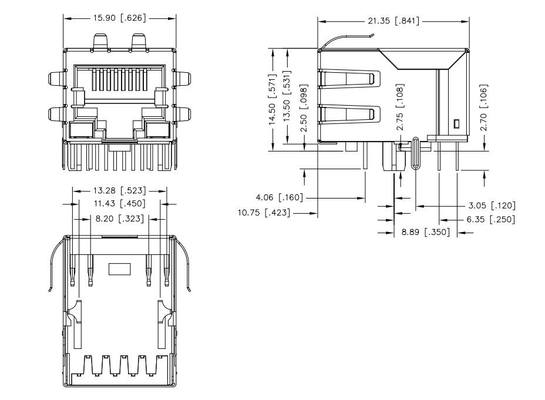 El solo RJ45 conector magnético portuario de JXD0-9006NLT Tab Down 100BASE-T 8 PIN With G/Y llevó
